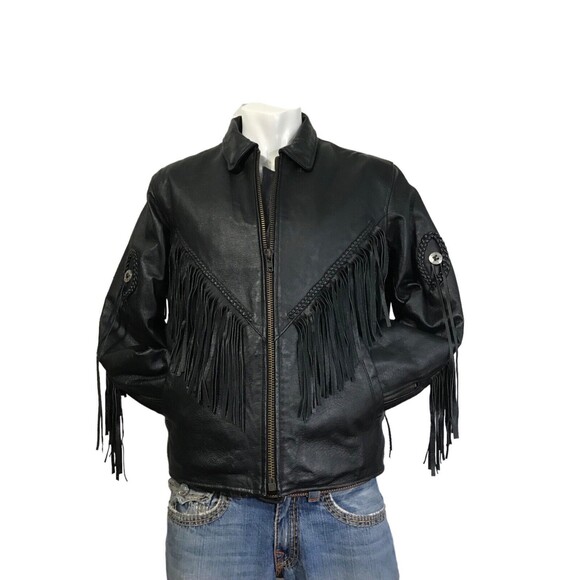 Motorcycle Jacket Womens Biker Black Leather  Fringe Distressed Large - Picture 1 of 12